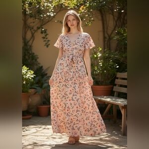 Floral Maxi Dress with Short Flutter Sleeves Medium